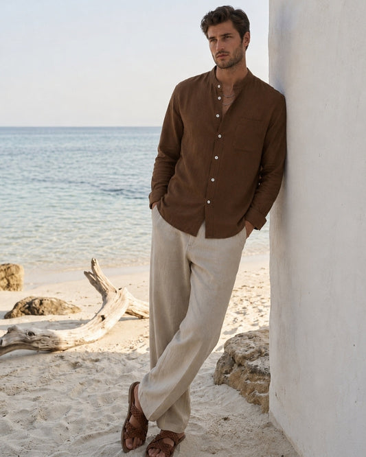 Men’s Mandarin Collar Shirt – Relaxed Fit Textured Cotton Shirt - Image 1