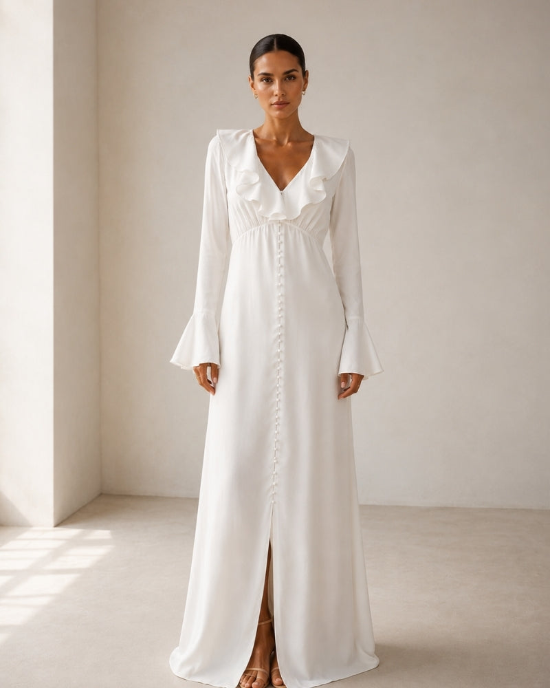 Pearl Button Ruffle Midi Dress - Image 7