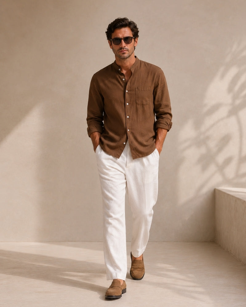 Men’s Mandarin Collar Shirt – Relaxed Fit Textured Cotton Shirt - Image 3