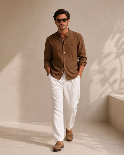 Men’s Mandarin Collar Shirt – Relaxed Fit Textured Cotton Shirt - Image 3