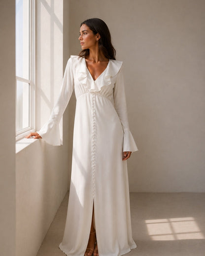 Pearl Button Ruffle Midi Dress - Image 3