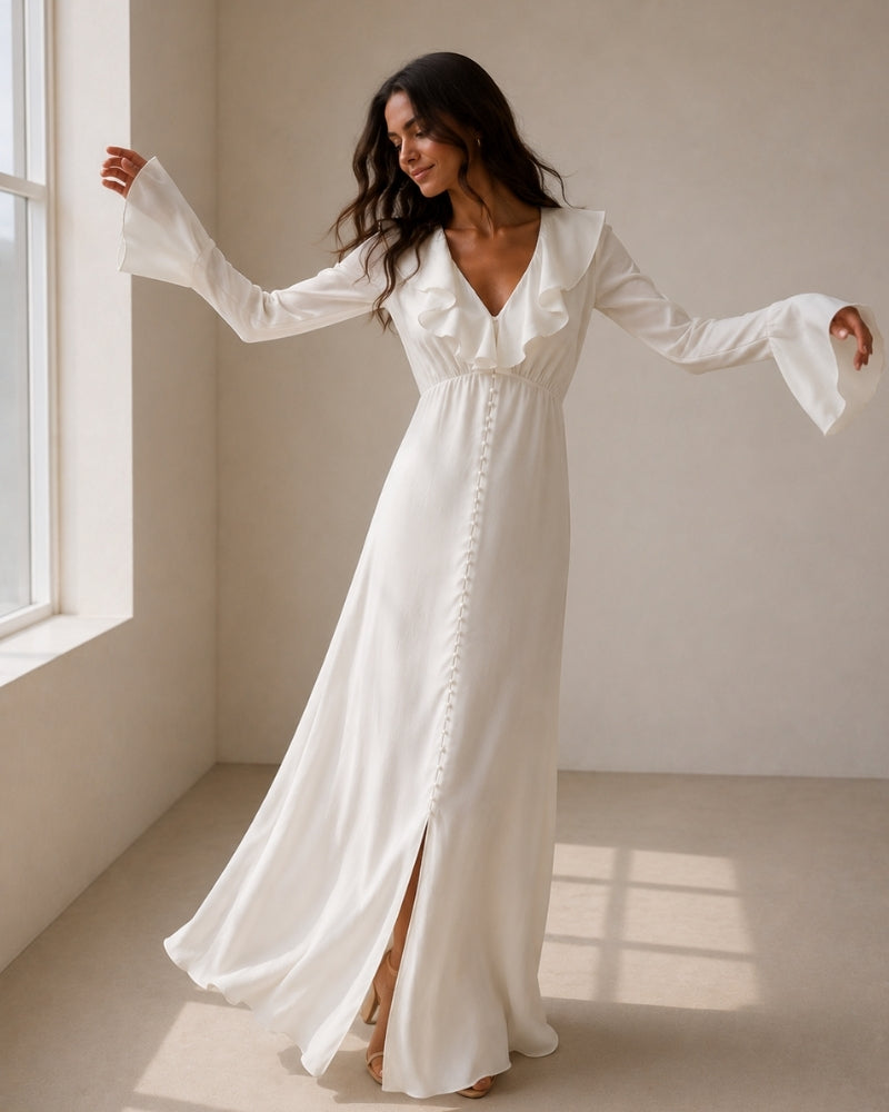 Pearl Button Ruffle Midi Dress - Image 1