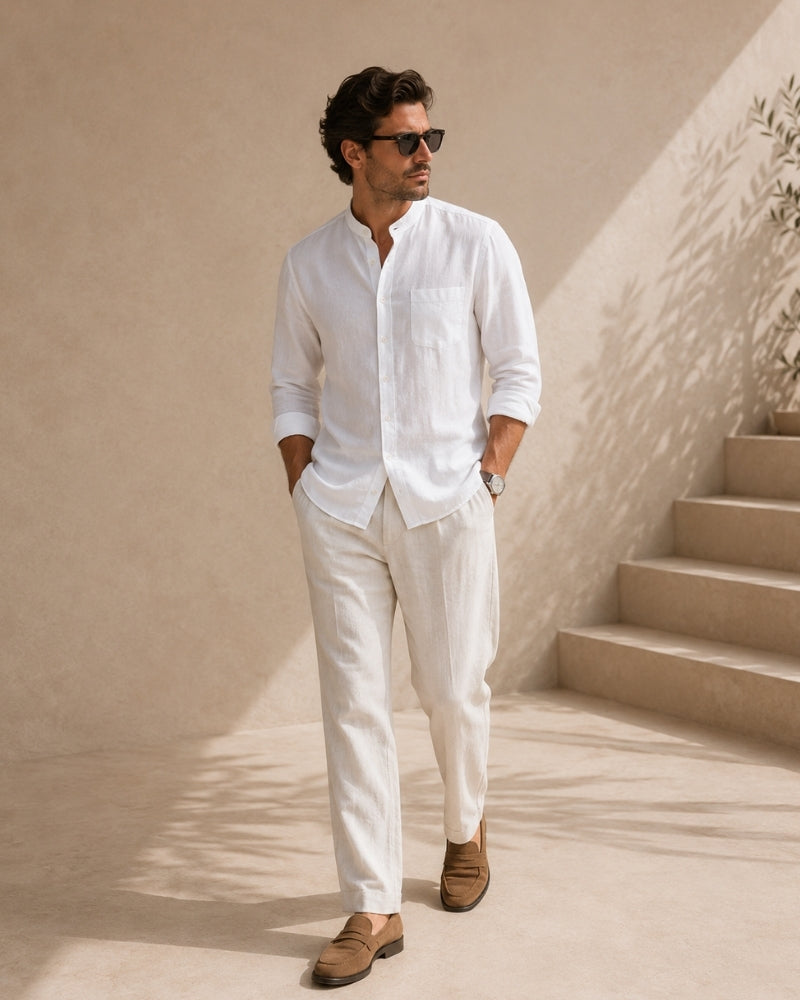 Men’s Mandarin Collar Shirt – Relaxed Fit Textured Cotton Shirt - Image 13