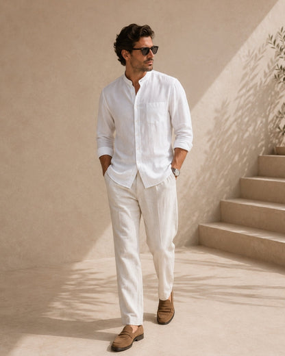 Men’s Mandarin Collar Shirt – Relaxed Fit Textured Cotton Shirt - Image 13
