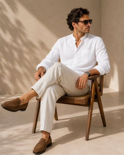 Men’s Mandarin Collar Shirt – Relaxed Fit Textured Cotton Shirt - Image 15